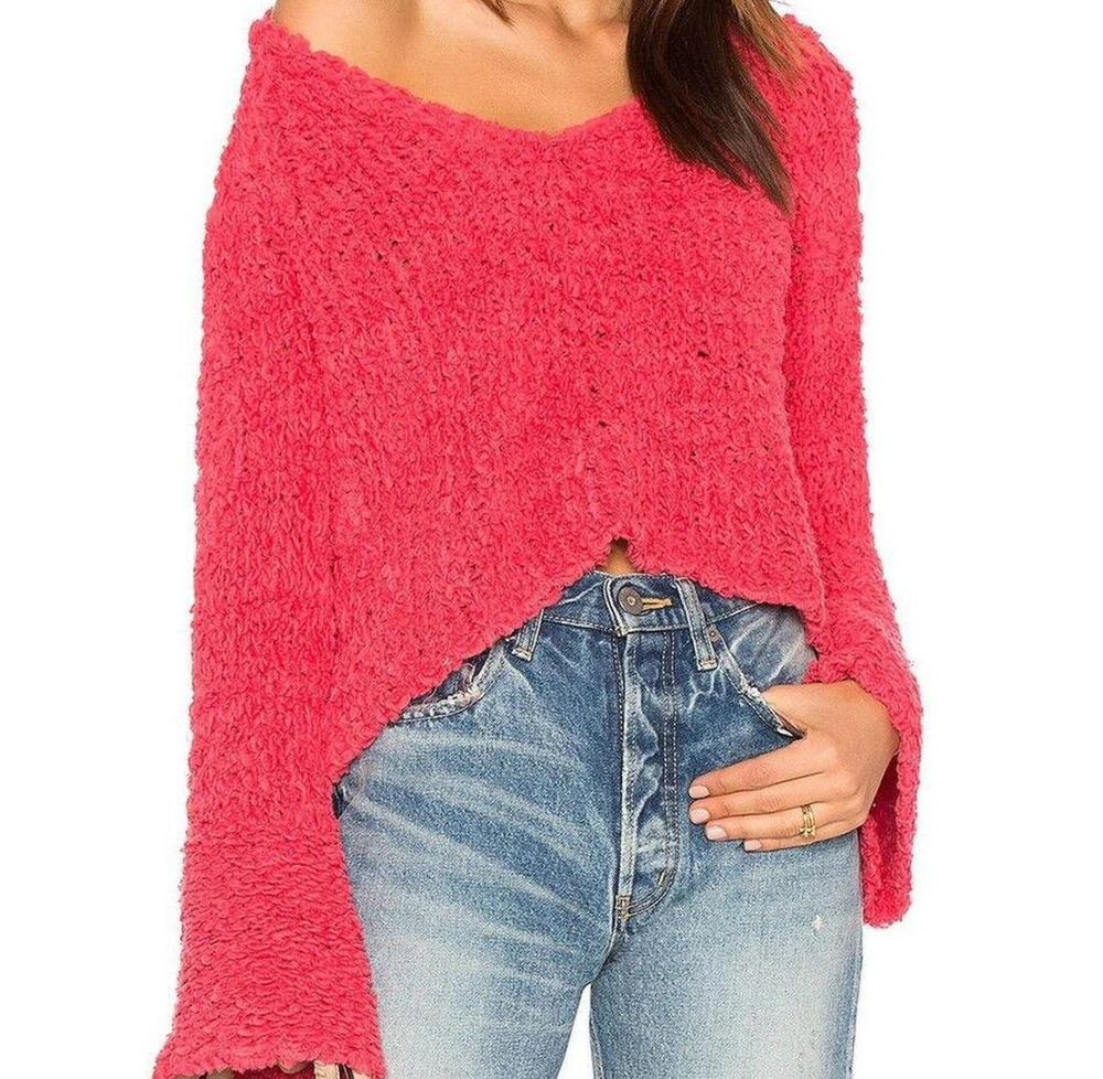 Free People Sand Dune Bell Sleeve Cotton Blend V-neck Sweater